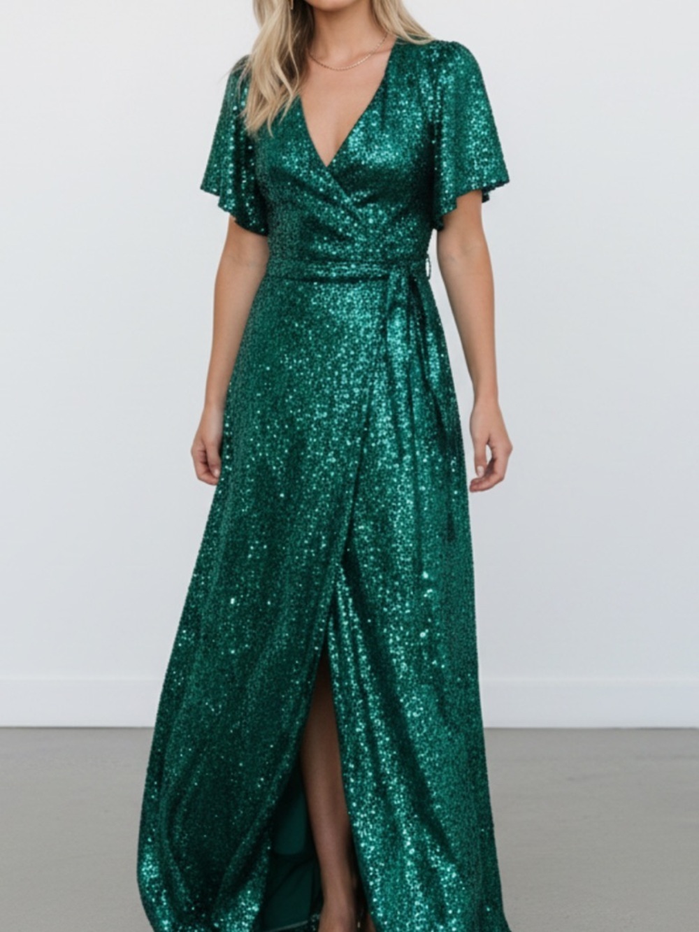 NWT-IN- LOOM- BEAUTIFUL Sequin Wrap Maxi Dress in Emerald Green - Women